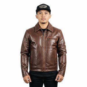 Jaket Kulit Pria Model Klasik Coklat Vintage - Jaket Kulit Pria Kode JKT012